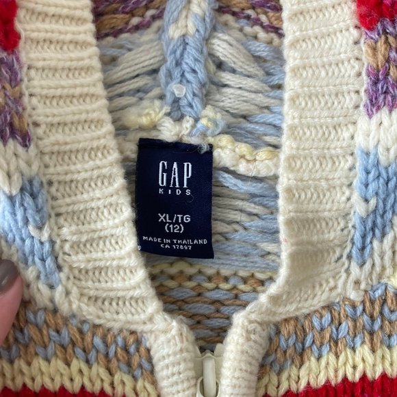 New! NWOT Gap lambs wool knit sweater, fair isle striped zip up hoodie (12 / XL) - Picture 3 of 5